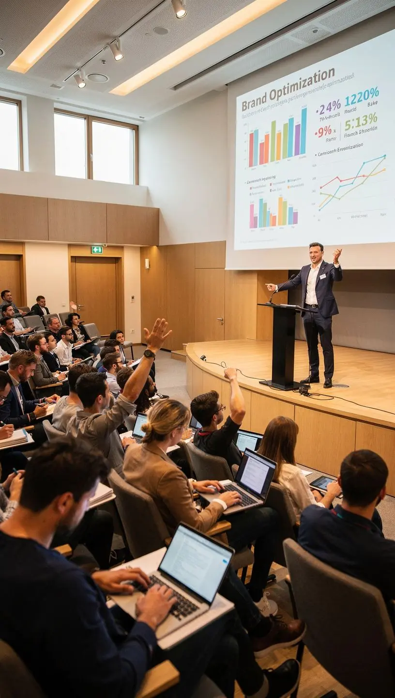 Ein Geschäftsmann präsentiert eine erfolgreiche Marketingstrategie vor Kollegen.